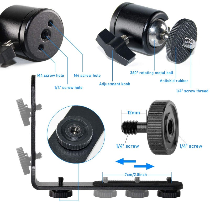 EXMAXÂ® Metal Aluminum Alloy L-Shape Flash Light Camera Bracket Holder 1/4" Screw + Mini Tripod 360 Degree Ball Head for DSLR Camera Camcorder Speedlight Tripods Monopods - Image 4